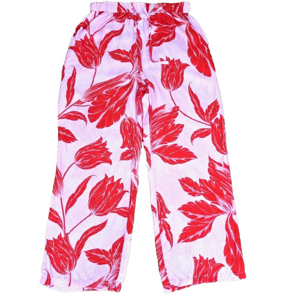 Seafolly Pants Red Pink Floral Wide Leg Silk Blend Beach Cover up Swim Resort M